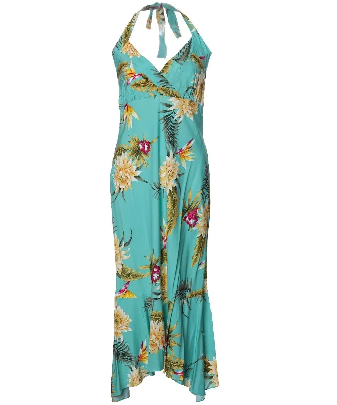 Midi dresses with tiered skirts for a bohemian festival look Halter Open Back Hawaiian Dress Tea Length Island Ceres Midi dresses with tiered skirts for a bohemian festival look Halter Open Back Hawaiian Dress Tea Length Island Ceres