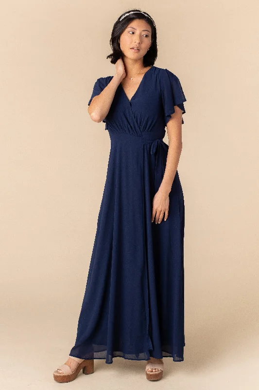 Maternity dress for a baby's first visit to the rock garden Naples Flutter Sleeve Wrap Maxi - Navy Maternity dress for a baby's first visit to the rock garden Naples Flutter Sleeve Wrap Maxi - Navy