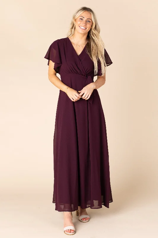 Maternity dress for a baby's first visit to the secret garden Naples Flutter Sleeve Wrap Maxi - Wine Maternity dress for a baby's first visit to the secret garden Naples Flutter Sleeve Wrap Maxi - Wine
