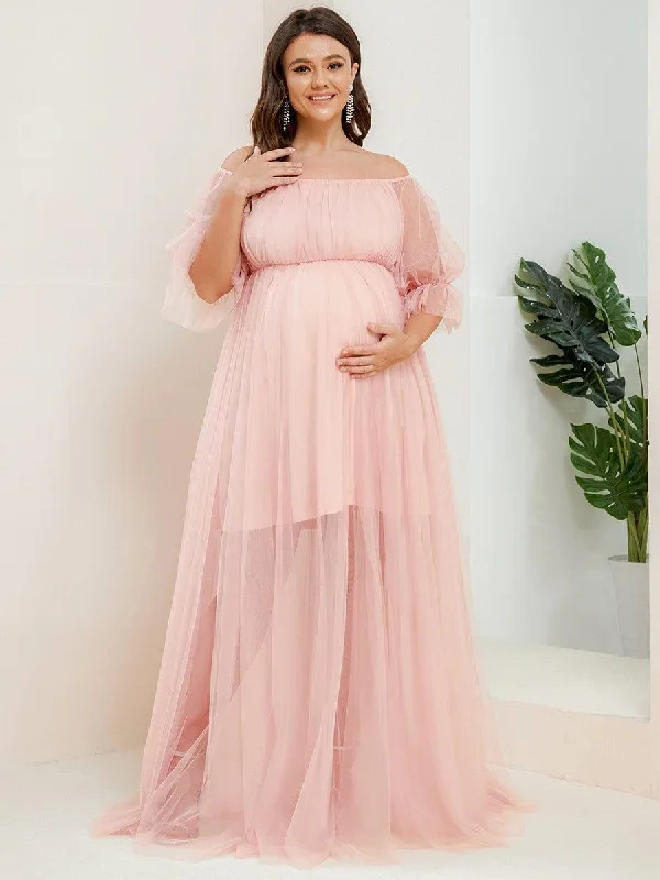 Maternity dress for a gender reveal party pretty CELIA|Plus Size Off-Shoulder Tulle Double Skirt Maxi Maternity Dress Maternity dress for a gender reveal party pretty CELIA|Plus Size Off-Shoulder Tulle Double Skirt Maxi Maternity Dress