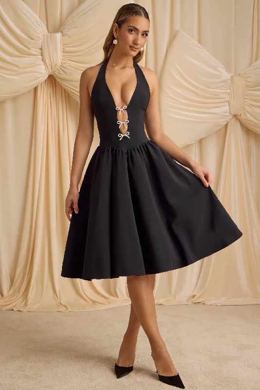A - line midi dresses with floral prints for spring brunches Halterneck Bow-Detail Midi Dress in Black
