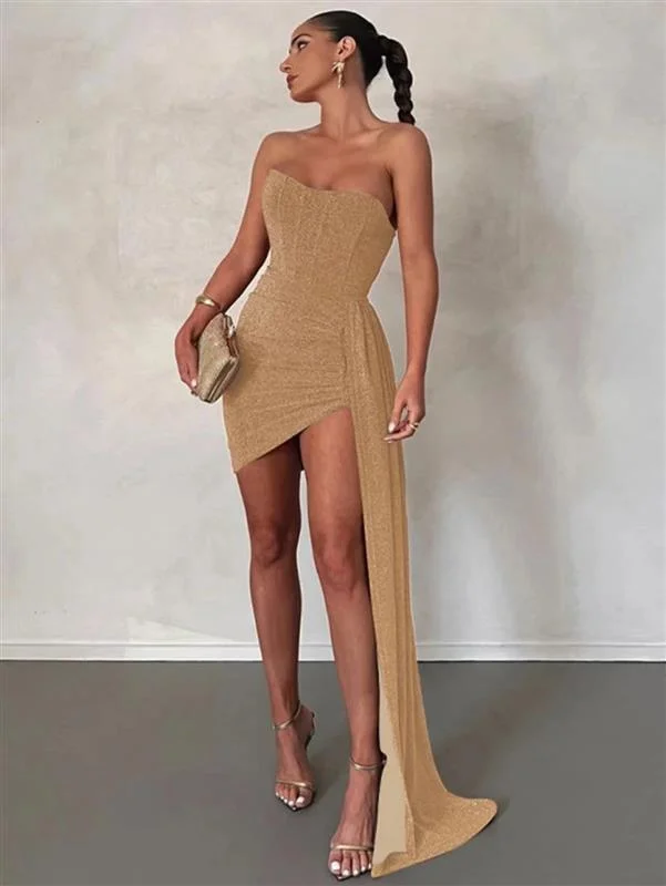 Mini dresses with ruched bodices for a feminine touch Helois Tube Party Dress In Gold Mini dresses with ruched bodices for a feminine touch Helois Tube Party Dress In Gold
