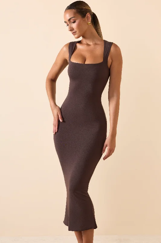Midi dresses with wrap - around skirts for a customizable fit Modal Square-Neck Midi Dress in Chocolate Brown Midi dresses with wrap - around skirts for a customizable fit Modal Square-Neck Midi Dress in Chocolate Brown
