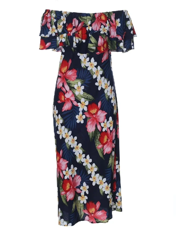 Midi dresses with puff sleeves for a vintage - inspired look Plumeria Orchid Panel Off Shoulder Short Hawaiian Dress Midi dresses with puff sleeves for a vintage - inspired look Plumeria Orchid Panel Off Shoulder Short Hawaiian Dress
