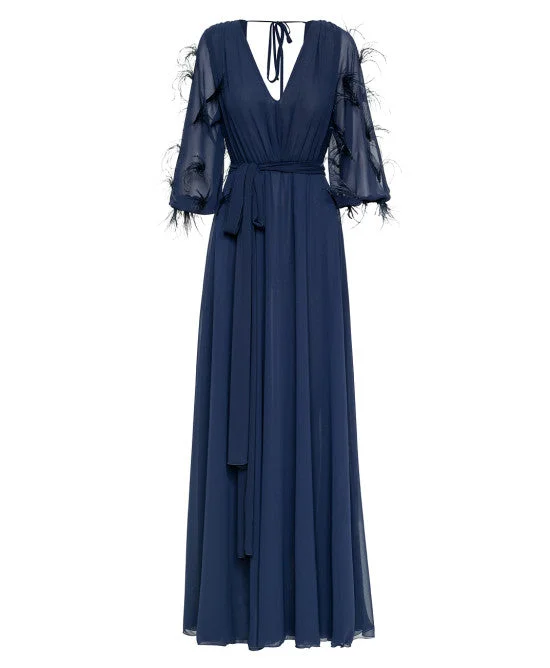 Lightweight Women Sweater for Spring and FallAccess Fashion Navy Maxi Dress With Feather Sleeves Lightweight Women Sweater for Spring and FallAccess Fashion Navy Maxi Dress With Feather Sleeves
