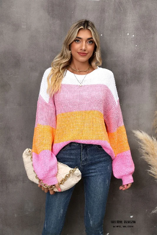 Cropped Women Sweater to Pair with High - Waisted BottomsAngel Wings Color Block Round Neck Dropped Shoulder Sweater Cropped Women Sweater to Pair with High - Waisted BottomsAngel Wings Color Block Round Neck Dropped Shoulder Sweater