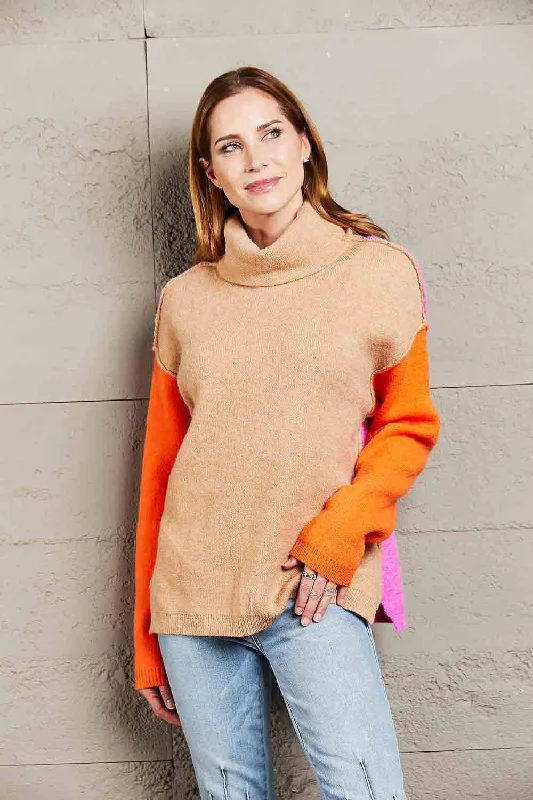 Cashmere Women Sweater with a Luxurious Soft TouchAngel Wings Color Block Turtleneck Slit Sweater Cashmere Women Sweater with a Luxurious Soft TouchAngel Wings Color Block Turtleneck Slit Sweater