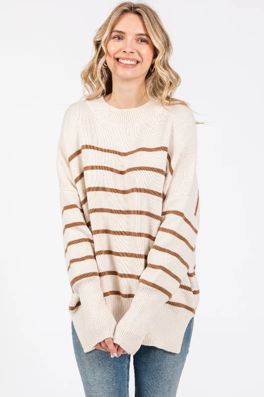 Cable - Knit Women Sweater with Intricate PatternsBeige Striped Drop Shoulder Sweater Cable - Knit Women Sweater with Intricate PatternsBeige Striped Drop Shoulder Sweater