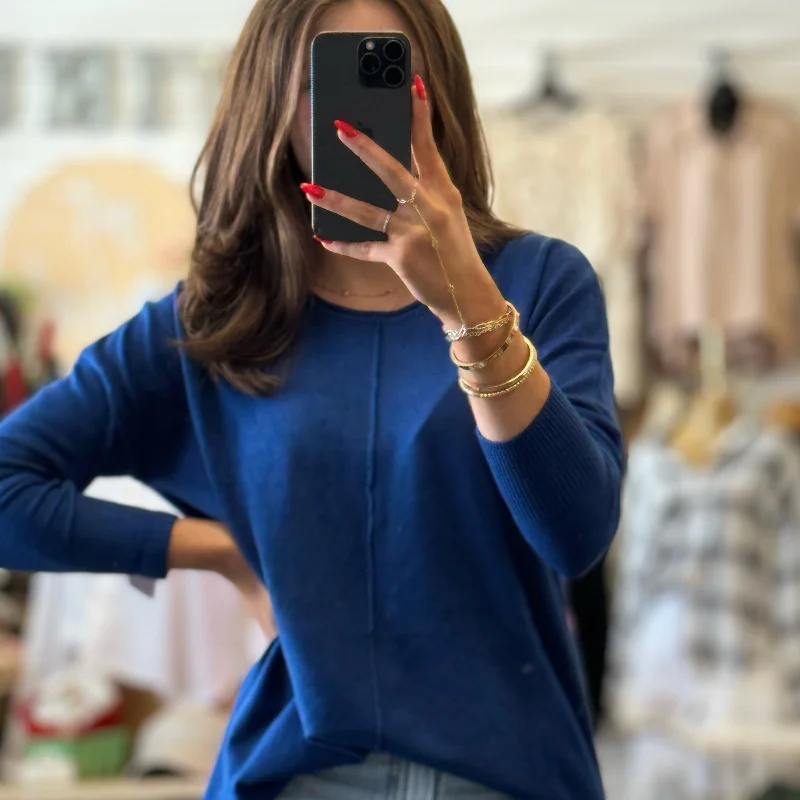 Sequin - Embellished Women Sweater for Special OccasionsBlue Sky Front Seam Round Neck Sweater Navy Sequin - Embellished Women Sweater for Special OccasionsBlue Sky Front Seam Round Neck Sweater Navy