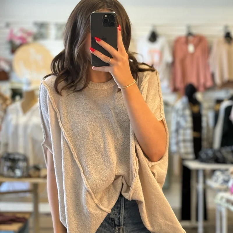 V - Neck Women Sweater to Elongate the NecklineCandice Exposed Seam Sweater Sand Beige V - Neck Women Sweater to Elongate the NecklineCandice Exposed Seam Sweater Sand Beige