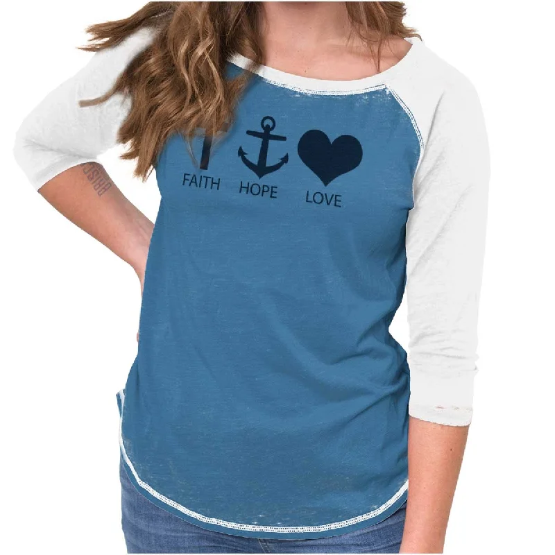 Distressed Women T Shirt with a Laid - Back AestheticFaith Anchor Love Baseball Raglan T Distressed Women T Shirt with a Laid - Back AestheticFaith Anchor Love Baseball Raglan T