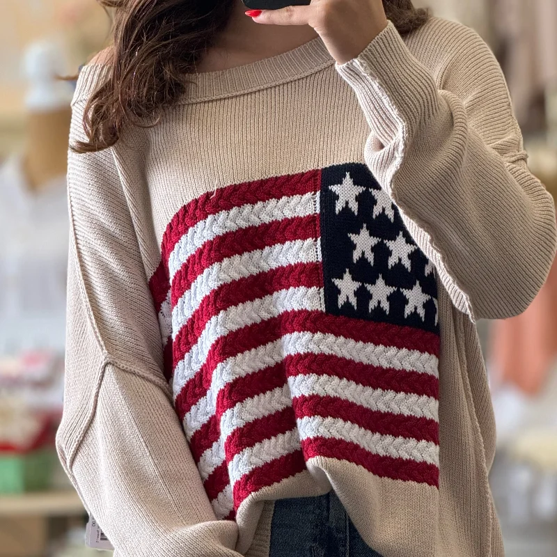 Sequin - Embellished Women Sweater for Special OccasionsFlag Crochet Knit Sweater Taupe Sequin - Embellished Women Sweater for Special OccasionsFlag Crochet Knit Sweater Taupe
