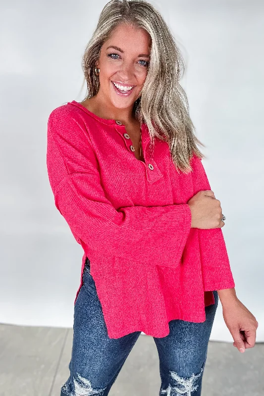 Oversized Women Sweater for a Cozy and Fashionable LookHacci Henley Sweater - Magenta Oversized Women Sweater for a Cozy and Fashionable LookHacci Henley Sweater - Magenta
