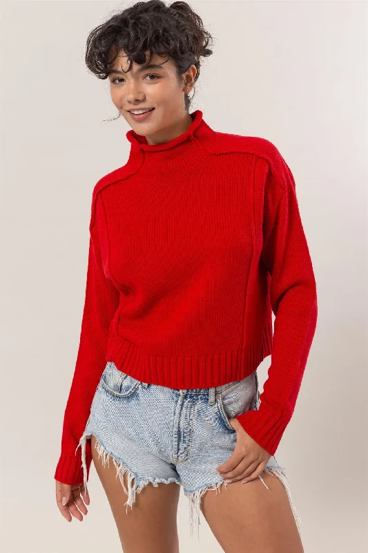Cable - Knit Women Sweater with Intricate PatternsHigh Neck Reverse Seam Sweater - Red Cable - Knit Women Sweater with Intricate PatternsHigh Neck Reverse Seam Sweater - Red