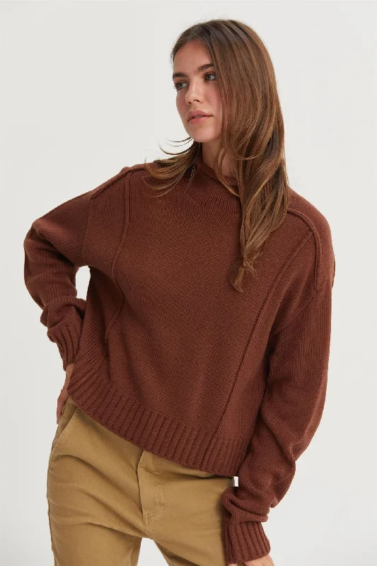 Color - Blocked Women Sweater for a Bold Fashion StatementHigh Neck Reverse Seam Sweater - Chestnut Color - Blocked Women Sweater for a Bold Fashion StatementHigh Neck Reverse Seam Sweater - Chestnut