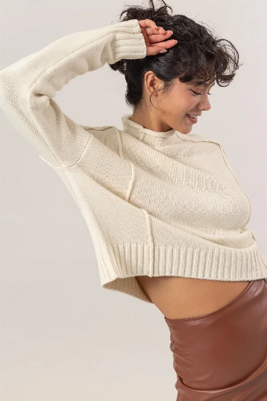 Hand - Knitted Women Sweater with Artisanal CharmHigh Neck Reverse Seam Sweater - Cream Hand - Knitted Women Sweater with Artisanal CharmHigh Neck Reverse Seam Sweater - Cream
