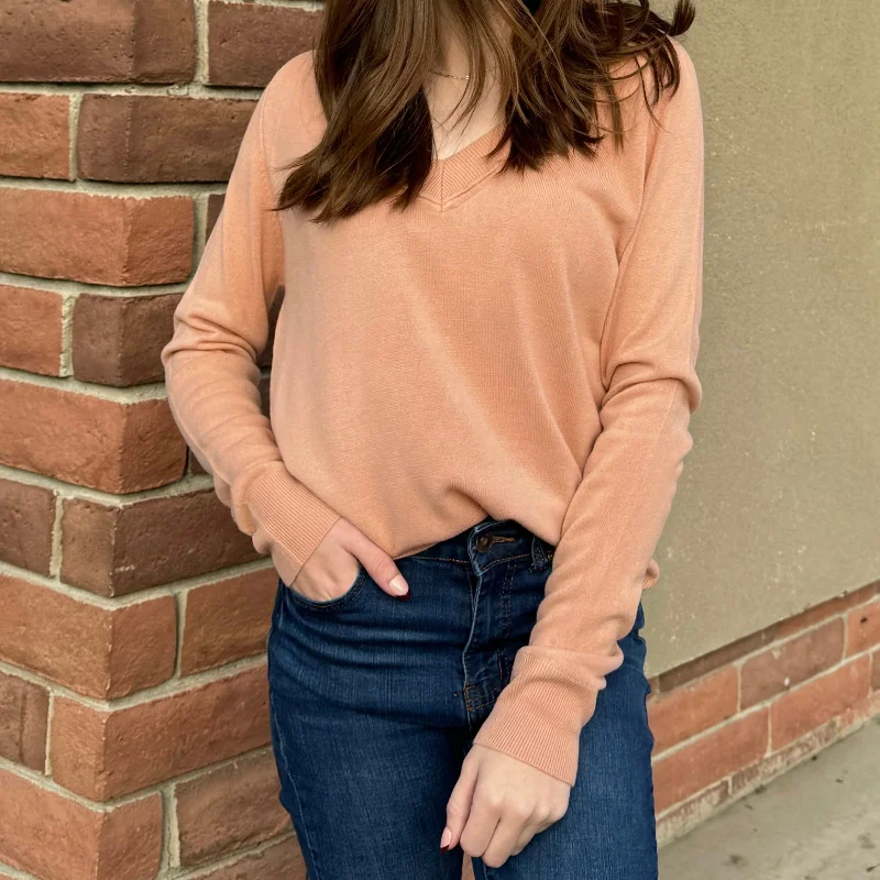 Plus - Size Women Sweater with a Flattering FitMake Me Believe V Neck Sweater Pale Pink Plus - Size Women Sweater with a Flattering FitMake Me Believe V Neck Sweater Pale Pink