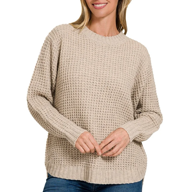 Mock - Neck Women Sweater for a Modern TwistNight Sky Hi-Low Waffle Knit Round Neck Sweater Mock - Neck Women Sweater for a Modern TwistNight Sky Hi-Low Waffle Knit Round Neck Sweater