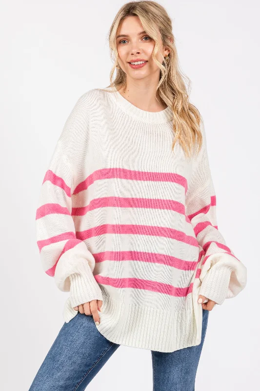 V - Neck Women Sweater to Elongate the NecklinePink Striped Oversized Side Slit Sweater V - Neck Women Sweater to Elongate the NecklinePink Striped Oversized Side Slit Sweater
