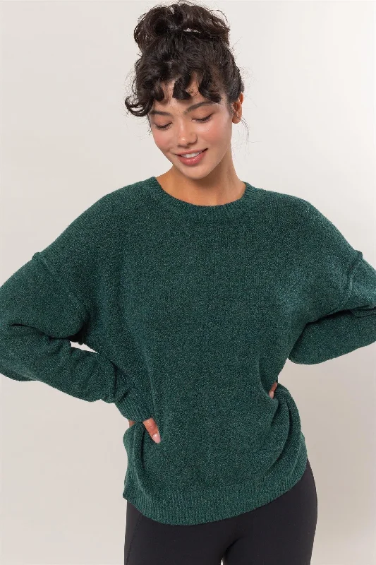 Cropped Women Sweater to Pair with High - Waisted BottomsSeam Detail Crew Neck Sweater - Dark Green Cropped Women Sweater to Pair with High - Waisted BottomsSeam Detail Crew Neck Sweater - Dark Green