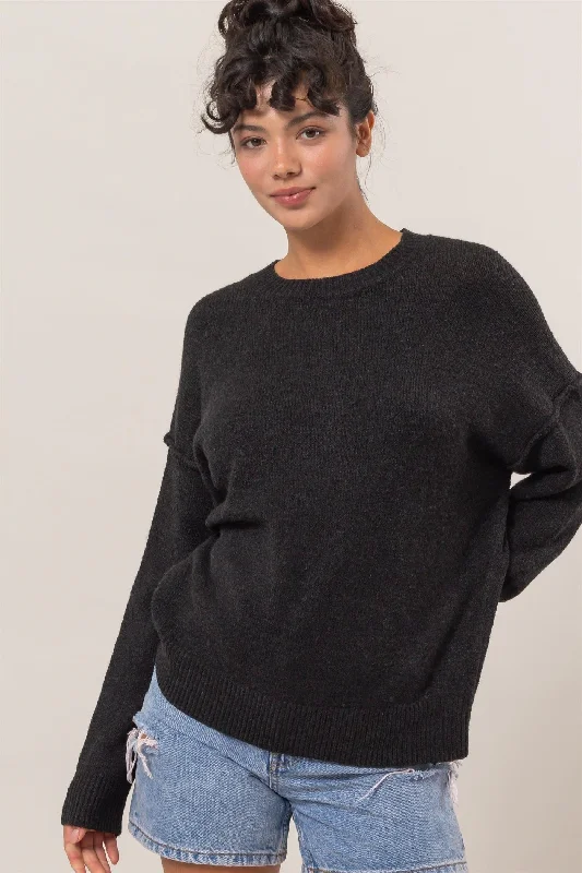 Cropped Women Sweater to Pair with High - Waisted BottomsSeam Detail Crew Neck Sweater - Black Cropped Women Sweater to Pair with High - Waisted BottomsSeam Detail Crew Neck Sweater - Black