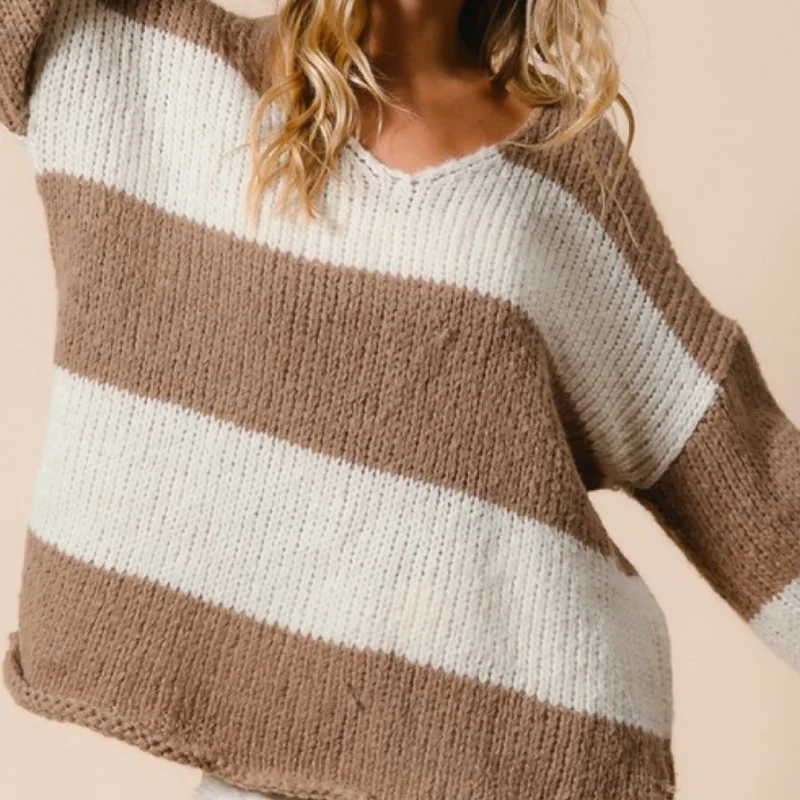 Hand - Knitted Women Sweater with Artisanal CharmThe Abbie Striped Knit V Neck Sweater Hand - Knitted Women Sweater with Artisanal CharmThe Abbie Striped Knit V Neck Sweater
