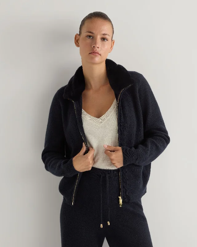 Sequin - Embellished Women Sweater for Special OccasionsWomen's Honeycomb Full Zip Cashmere Sweater With Fur Trim Navy Blue Sequin - Embellished Women Sweater for Special OccasionsWomen's Honeycomb Full Zip Cashmere Sweater With Fur Trim Navy Blue