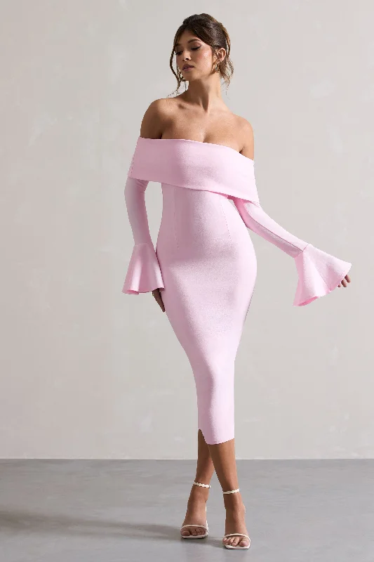 Ruffled Women Dress with Multiple Layers for a Playful and Girly StyleRuffled Women Dress with Multiple Layers for a Playful and Girly StyleEmma | Pink Bardot Flared-Sleeve Midi Dress