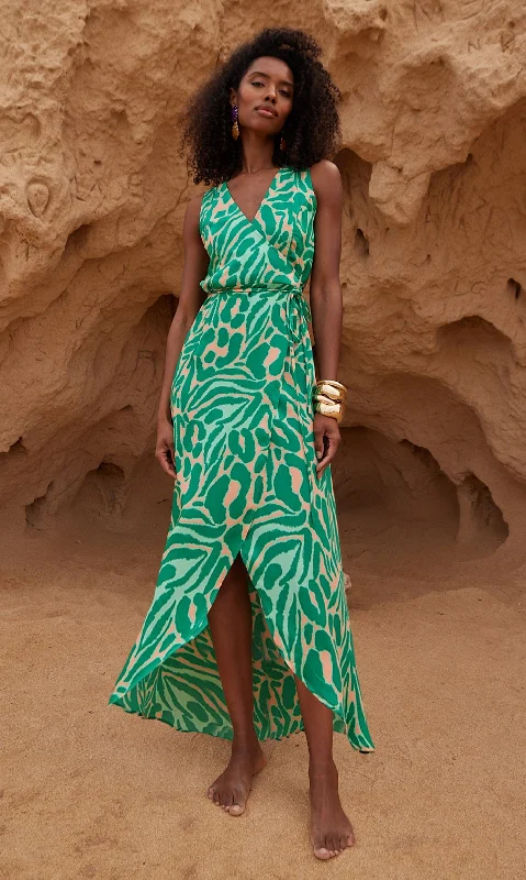 Printed Abstract Women Dress for a Modern and Artistic AppealPrinted Abstract Women Dress for a Modern and Artistic AppealHarmony Wrap Dress in Zebro Green on Peach