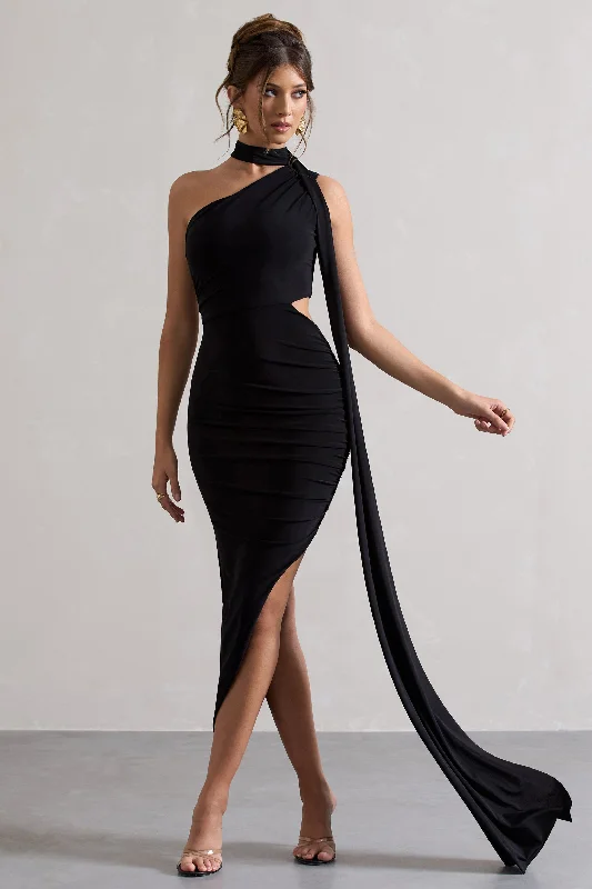 Plus Size Women Dress with a Flattering A - Line Cut for Comfort and StylePlus Size Women Dress with a Flattering A - Line Cut for Comfort and StyleIcon | Black One Shoulder Cut-Out Maxi Dress With Scarf Plus Size Women Dress with a Flattering A - Line Cut for Comfort and StylePlus Size Women Dress with a Flattering A - Line Cut for Comfort and StyleIcon | Black One Shoulder Cut-Out Maxi Dress With Scarf