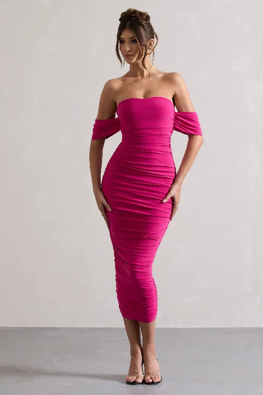 Ruffled Women Dress with Multiple Layers for a Playful and Girly StyleRuffled Women Dress with Multiple Layers for a Playful and Girly StyleLost For Words | Pink Bardot Ruched Draped Midi Dress