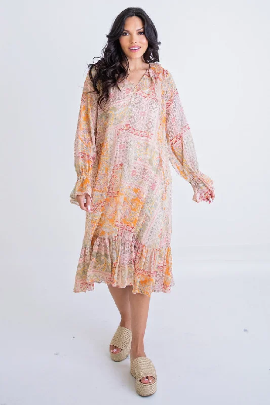 Plus Size Women Dress with a Flattering A - Line Cut for Comfort and StylePlus Size Women Dress with a Flattering A - Line Cut for Comfort and StylePaisley Chiffon Ruffle Midi Dress
