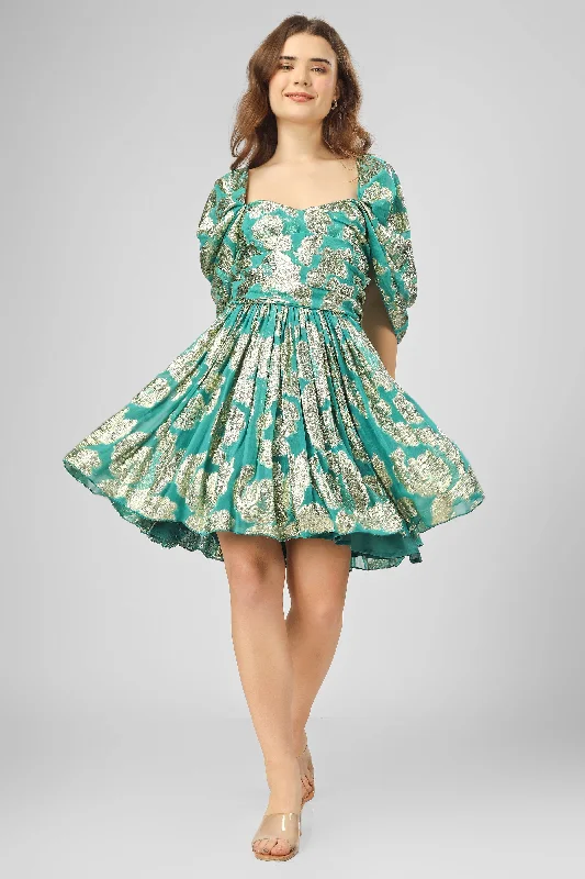 Wrap - Style Women Dress with Adjustable Fit for All Body TypesWrap - Style Women Dress with Adjustable Fit for All Body TypesSydney Metallic Printed Mini Dress in Aqua Green Wrap - Style Women Dress with Adjustable Fit for All Body TypesWrap - Style Women Dress with Adjustable Fit for All Body TypesSydney Metallic Printed Mini Dress in Aqua Green