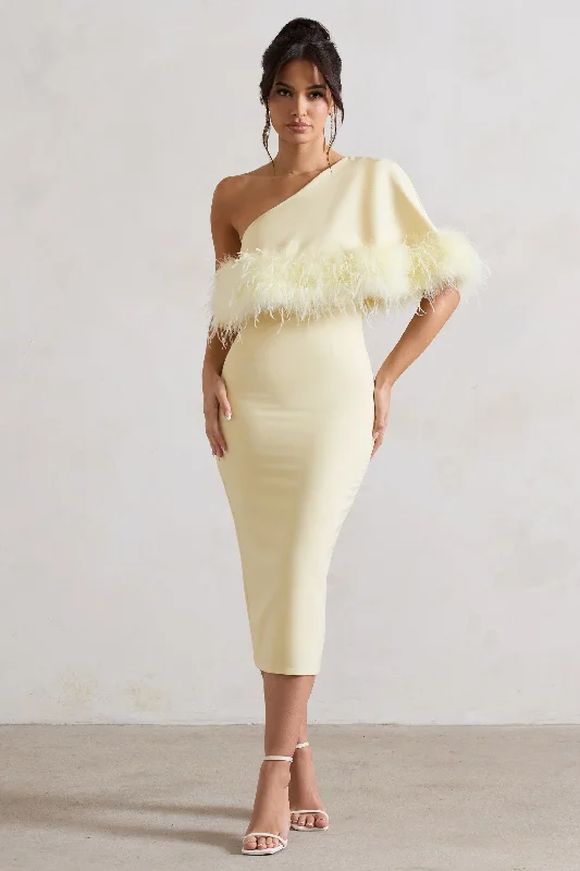 Wrap - Style Women Dress with Adjustable Fit for All Body TypesWrap - Style Women Dress with Adjustable Fit for All Body TypesVictory | Lemon One Shoulder Midi Dress With Feather Trim Wrap - Style Women Dress with Adjustable Fit for All Body TypesWrap - Style Women Dress with Adjustable Fit for All Body TypesVictory | Lemon One Shoulder Midi Dress With Feather Trim
