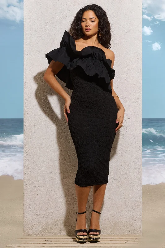 Ruffled Women Dress with Multiple Layers for a Playful and Girly StyleRuffled Women Dress with Multiple Layers for a Playful and Girly StyleWhen In Rome | Black Asymmetric Ruffle Midi Dress