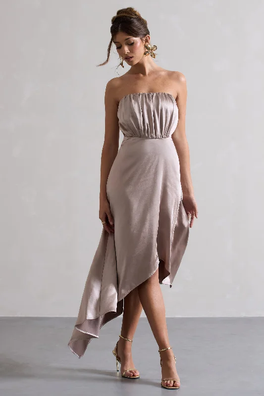 Strapless Women Dress with a Built - in Bra for Comfort and SupportStrapless Women Dress with a Built - in Bra for Comfort and SupportWilla | Taupe Satin Bandeau Maxi Dress With Asymmetric Hem Strapless Women Dress with a Built - in Bra for Comfort and SupportStrapless Women Dress with a Built - in Bra for Comfort and SupportWilla | Taupe Satin Bandeau Maxi Dress With Asymmetric Hem