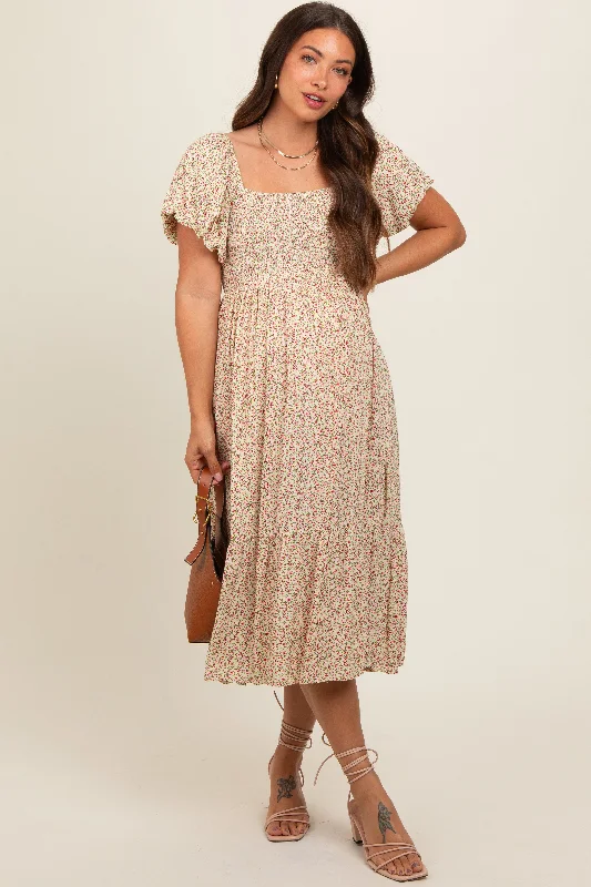 Shift Women Dress with a Simple and Classic Design for Everyday Wear Shift Women Dress with a Simple and Classic Design for Everyday Wear Cream Floral Smocked Maternity Midi Dress