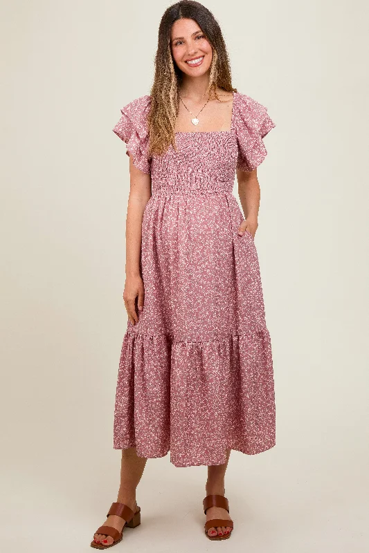 Wrap - Style Women Dress with Adjustable Fit for All Body Types Wrap - Style Women Dress with Adjustable Fit for All Body Types Mauve Floral Flutter Sleeve Tiered Maternity Dress Wrap - Style Women Dress with Adjustable Fit for All Body Types Wrap - Style Women Dress with Adjustable Fit for All Body Types Mauve Floral Flutter Sleeve Tiered Maternity Dress
