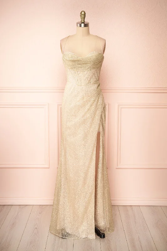 Wrap - Style Women Dress with Adjustable Fit for All Body TypesWrap - Style Women Dress with Adjustable Fit for All Body TypesFrosti Champagne | Sparkly Cowl Neck Maxi Dress Wrap - Style Women Dress with Adjustable Fit for All Body TypesWrap - Style Women Dress with Adjustable Fit for All Body TypesFrosti Champagne | Sparkly Cowl Neck Maxi Dress