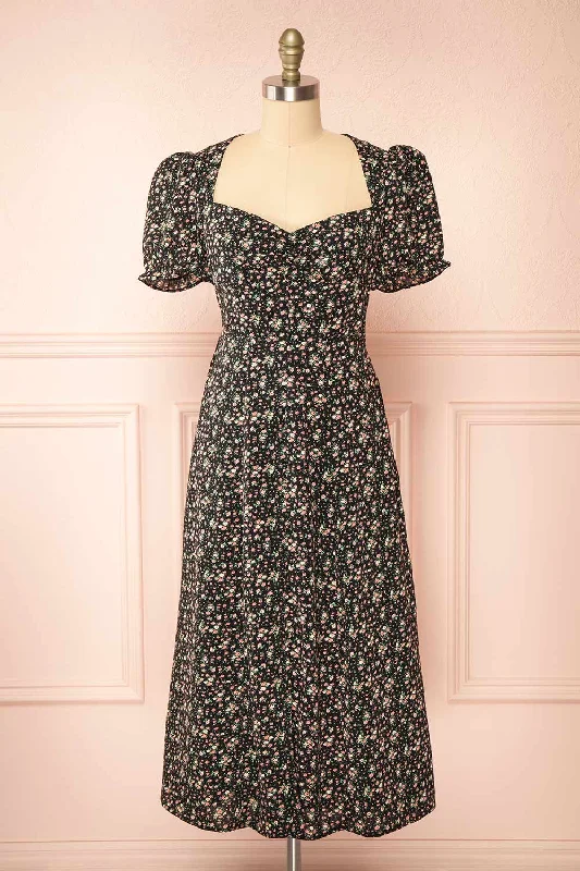 Empire Waist Women Dress to Accentuate the Bust and Conceal the WaistEmpire Waist Women Dress to Accentuate the Bust and Conceal the WaistSokka Black | Floral Midi Dress w/ Short Sleeves Empire Waist Women Dress to Accentuate the Bust and Conceal the WaistEmpire Waist Women Dress to Accentuate the Bust and Conceal the WaistSokka Black | Floral Midi Dress w/ Short Sleeves