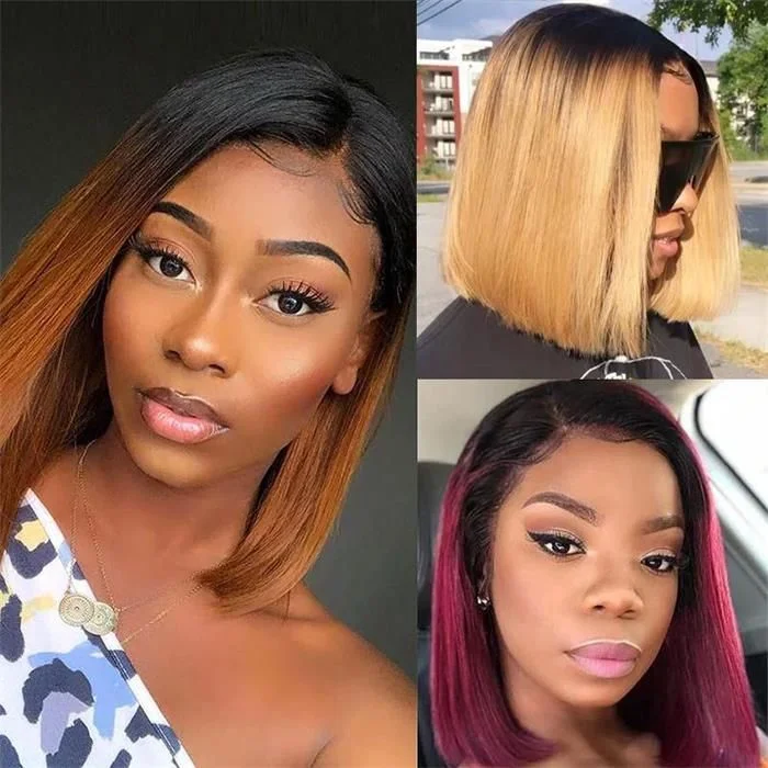 #1B/27/30/99J Ombre Bob Wig Straight Short Bob Lace Front Wigs For Black Women 180% Density