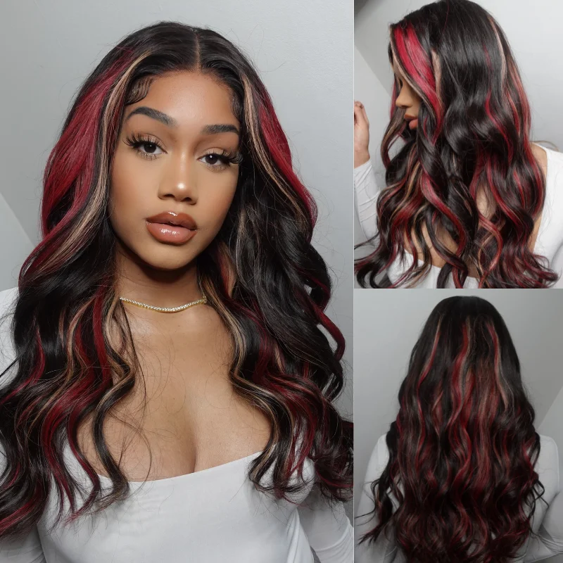 $200 OFF Over $201,Code:SAVE200 | Klaiyi 13x4 Lace Front Blonde And Red Body Wave Wigs  Multi Color Highlights Flash Sale