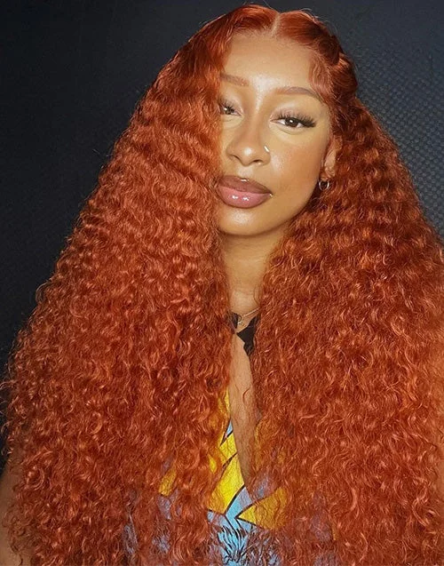 #350 Ginger Color Curly 13x4 Lace Wig Glueless Pre Plucked Human Hair Wigs