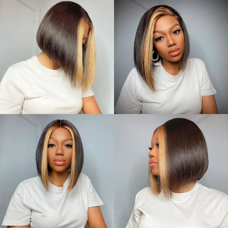 4x4 Lace Closure Wig Brown Highlight Transparent Lace Bob Straight Wig