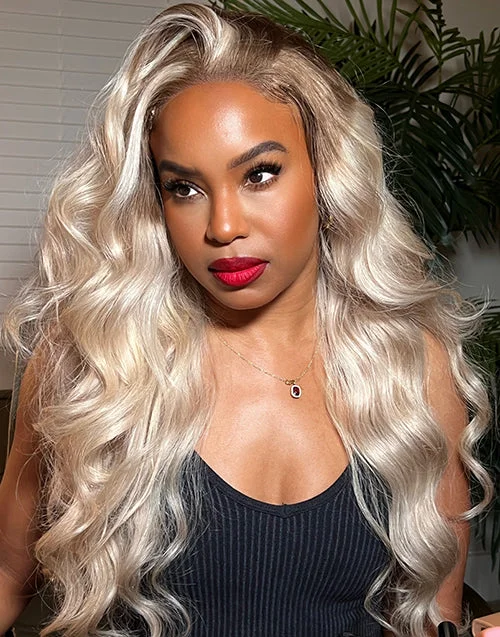 AlwaysAmeera Same Look Ombre Ash Blonde Wavy Human Hair Wig Highlight 613 Body Wave Lace Front Wigs With Dark Roots