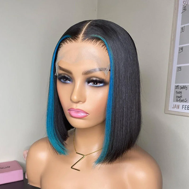 Blue Highlight Straight Bob Wig Lace CLosure Wig Short Hair