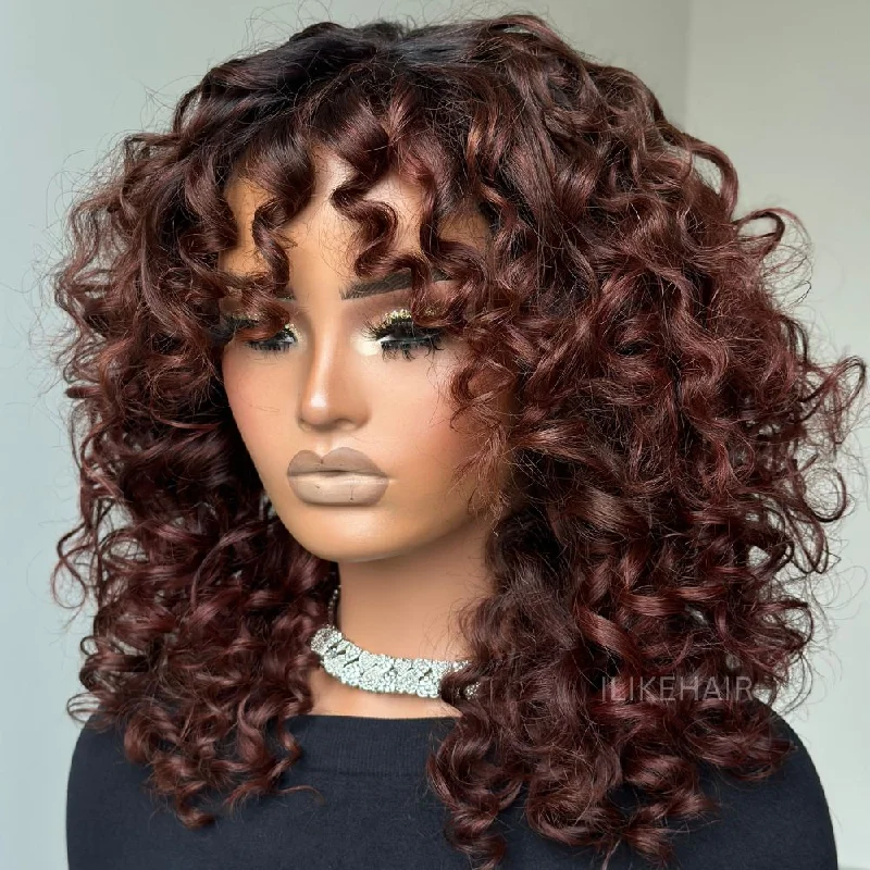 Glueless Reddish Brown With Dark Root Bouncy Curl  Lace Wig