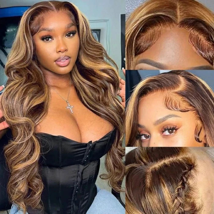 Brennas Hair Pre Cut Lace Glueless Wear Go Wig Body Wave Highlight P4/27 4x4 Lace Closure Wig Human Hair Pre Plucked Ready To Wear Beginners Wig