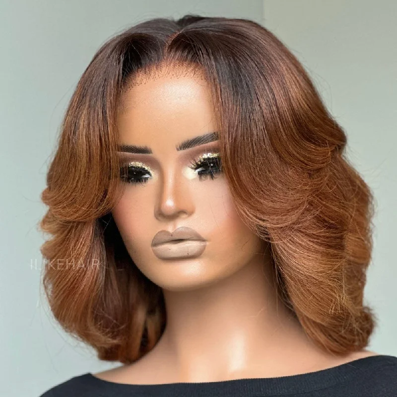 Luxurious Layered Short Ombre Light Brown Glueless 5x5 Lace Closure Wig