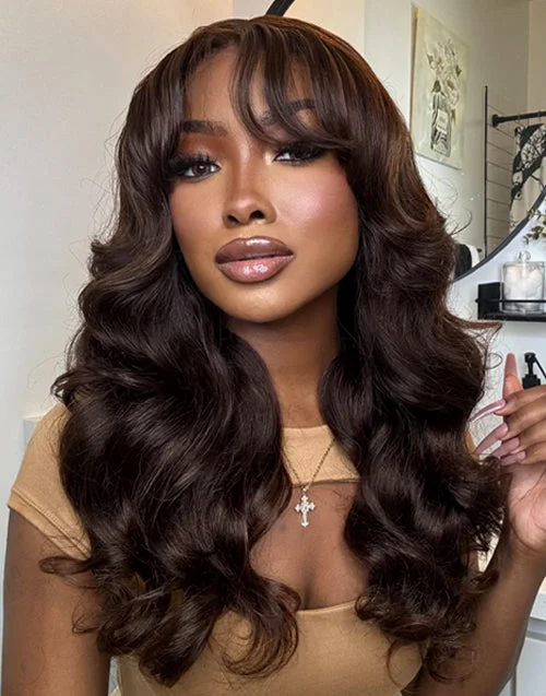 NEW Glueless Curtain Bangs Wig Pre Everything 13X5 7X5 Chocolate Brown #4 Glueless Wavy Wig